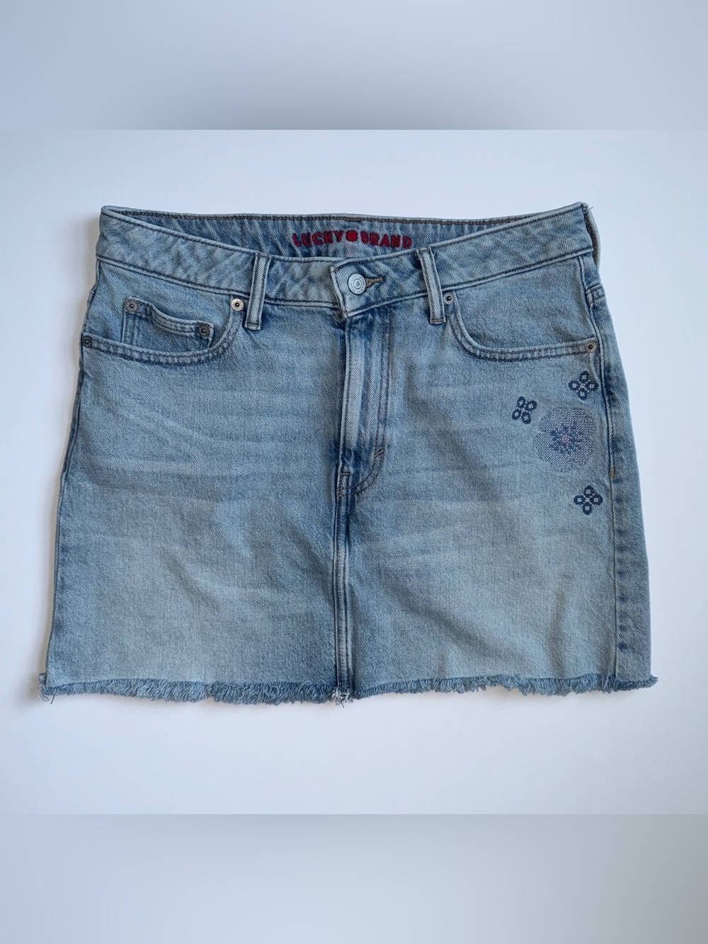 Lucky Brand Floral Embroidered Blue Denim Mini Skirt